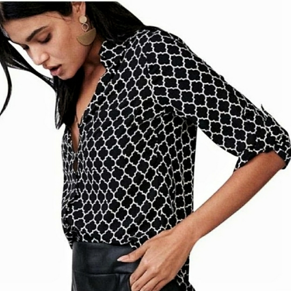 EXPRESS Slim Fit Portofino Roll Tab Button Up L - Picture 1 of 8